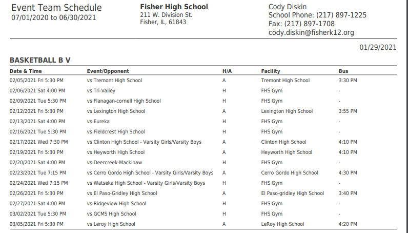 20-21 Fisher Boys Basketball Schedule